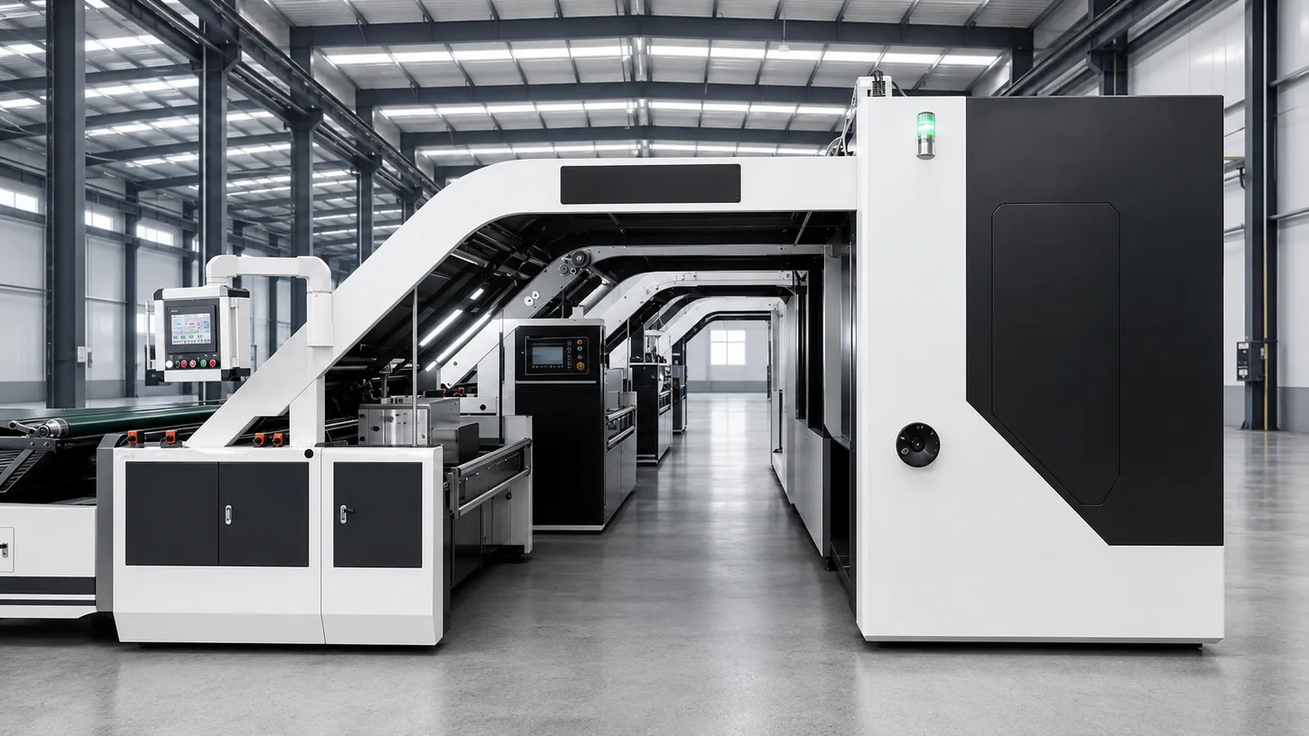 Línea de laminación de cartón corrugado de KIT Machinery en nave de producción